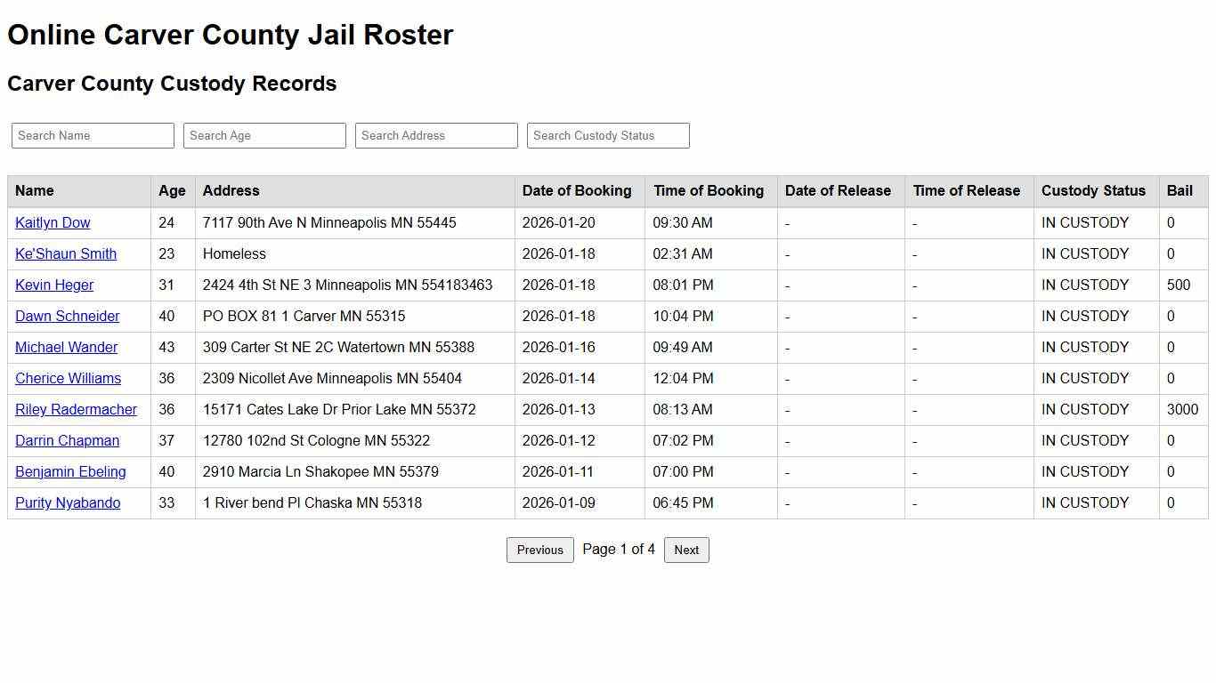Carver County Custody Records